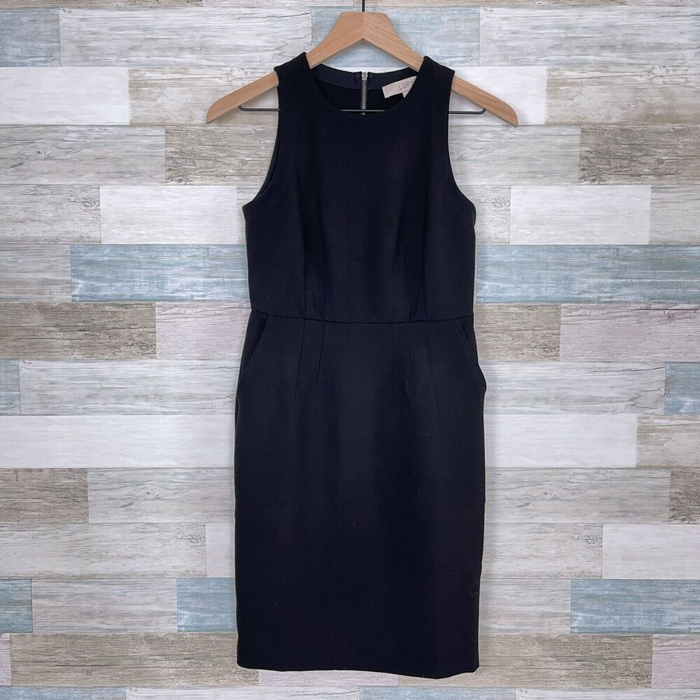 LOFT Ponte Pocketed Sheath Dress Black Exposed Zipper Stretch Womens 0P 0 Petite - Picture 2 of 8